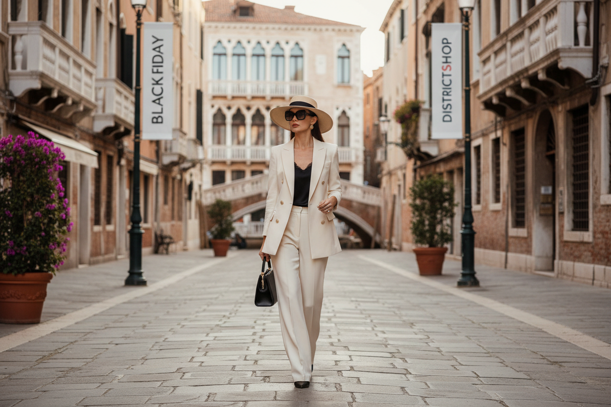 mi piace una foto di una modella con un tailleur elegante per le vie tipo venezia oppure milano firenze e mi scrivi black friday da discritcshop